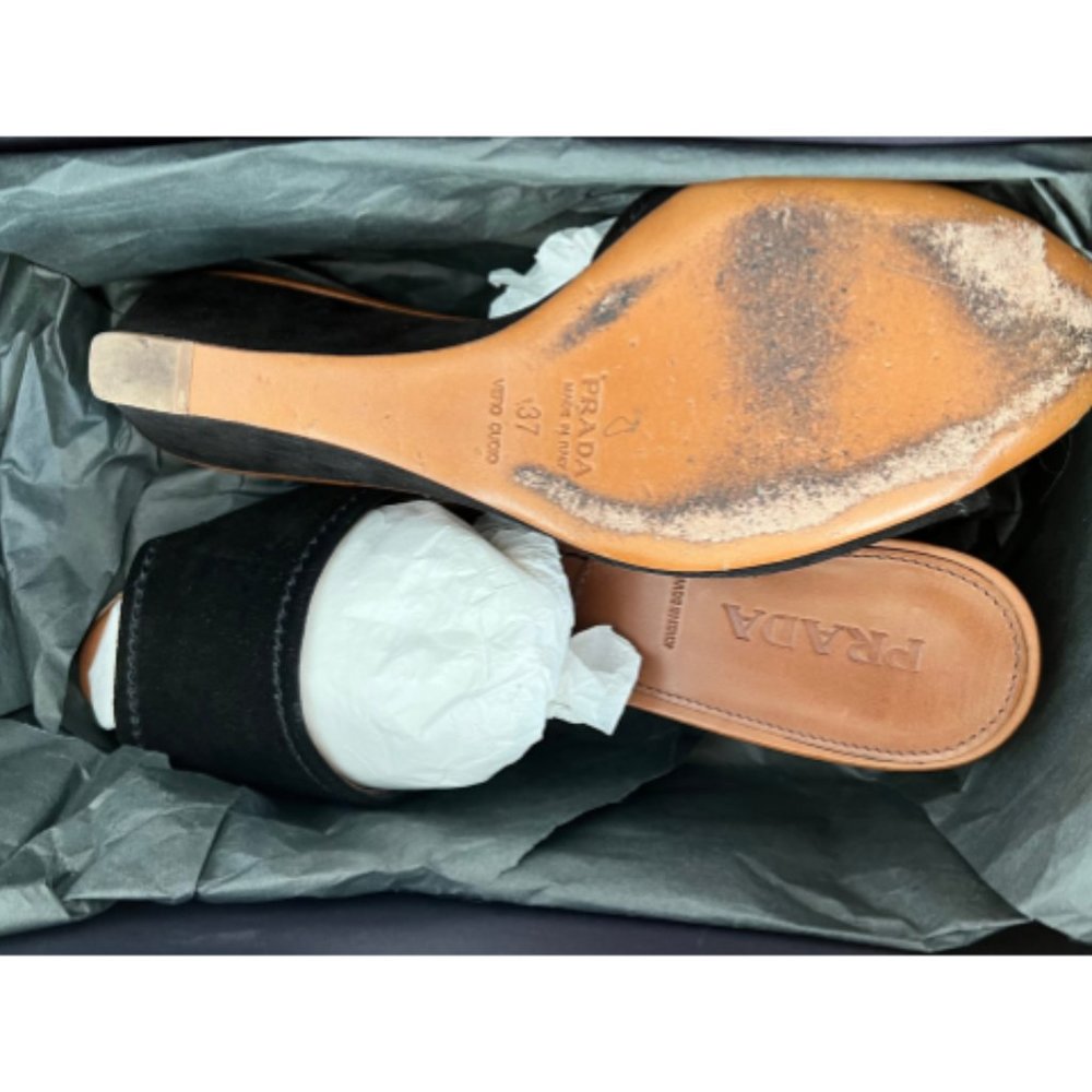 PRADA Black Suede Wedge Sandals Size 37 (Fits US 7) with Box - Picture 3 of 5